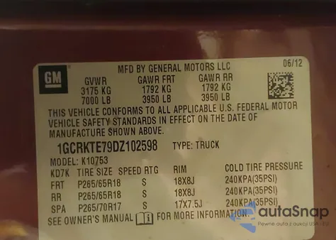 2013 Chevrolet Silverado 1500 Ltz z USA, uszkodzony, nr VIN 1GCRKTE79DZ102598